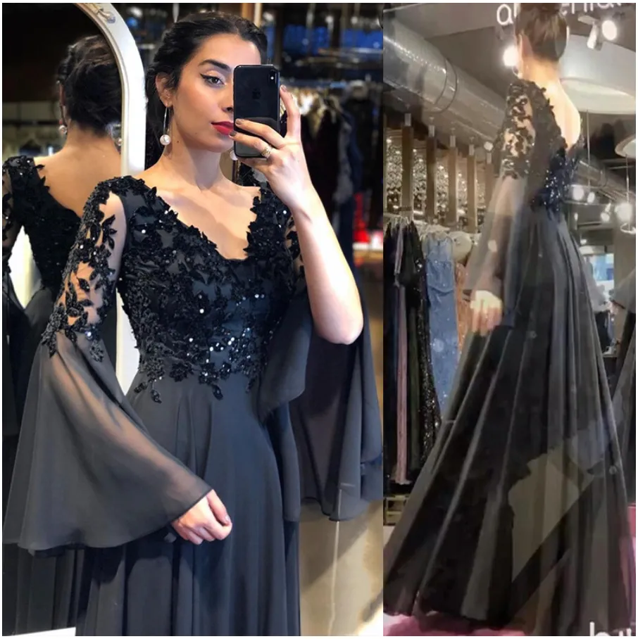 Abito da sera elegante nero A-Line manica svasata scollo a V applicazioni di pizzo paillettes senza schienale lunghezza del pavimento abito da ballo 2021