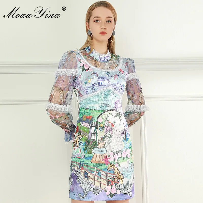 Moda Designer Dress Verão Mulheres Dos Desvidentes Malha de Manga Longa Lante Lantejoulas Dream Manor Floral-Print Vestidos 210524