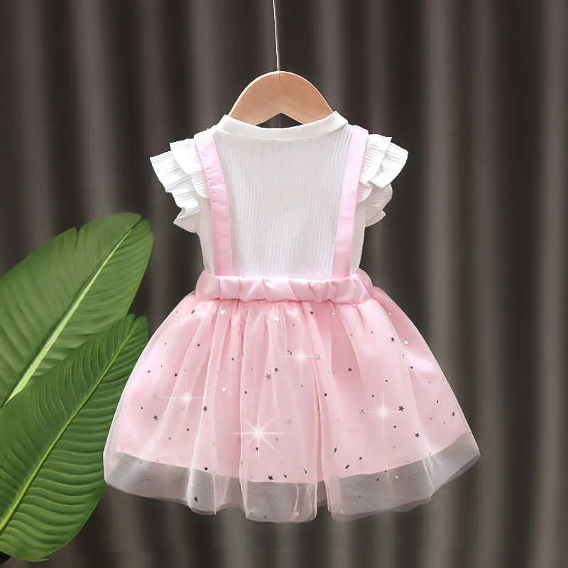 女の子韓国のかわいいネットガーゼビッグボウプリンセスドレス女の赤ちゃん服幼児の女の子夏の衣装韓国の花の女の子のドレスQ0716