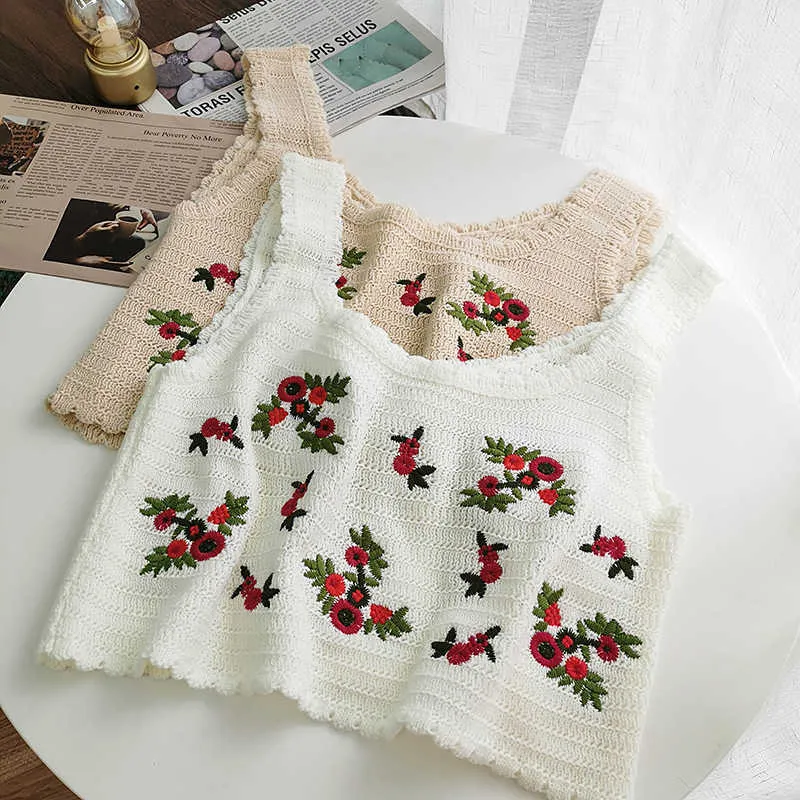 韓国風ローズ刺繍トリミングトップファッションノースリーブかぎ針編みニットタンクCamisas Mujer W845 210526