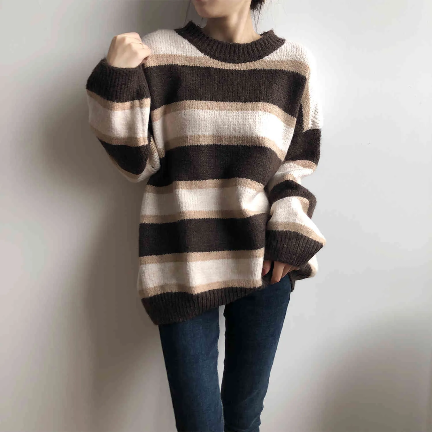 Oversized pasiaste sweter kobiety jesień zima o szyja leniwy wiatr dzianiny sweter eleganckie topy kobiet dla mody criflz 210520