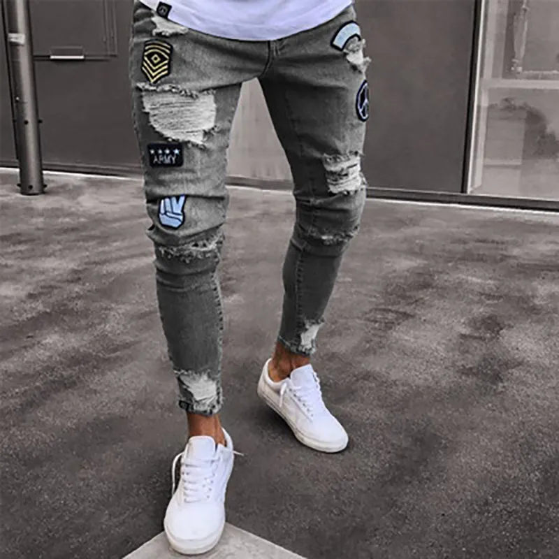 Mode hommes jean tendance genou trou Leggings à fermeture éclair brodé Denim pantalon confortable tissu multicolore pantalon 2 UECO