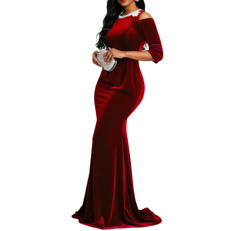 Red Black Velvet Mermaid Long Dress for Women Tight One piece Evening Elegant Ladies Bodycon Ruffle Vintage Maxi Party Casual Dresses