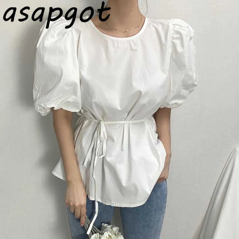 Chemises chemises pour femmes Chic Casual Summer Summer Wild Lace O Up Off Puff Sleeve Blouse blanche Femmes Loose Tops 210610