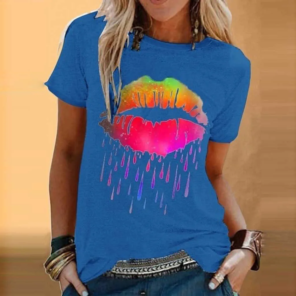 Bunte Lip Print T Mode Frauen Casual Kurzarm Oansatz T-shirt Tops 2020 Sommer Plus Größe S-5xl Top Für Frauen y0629