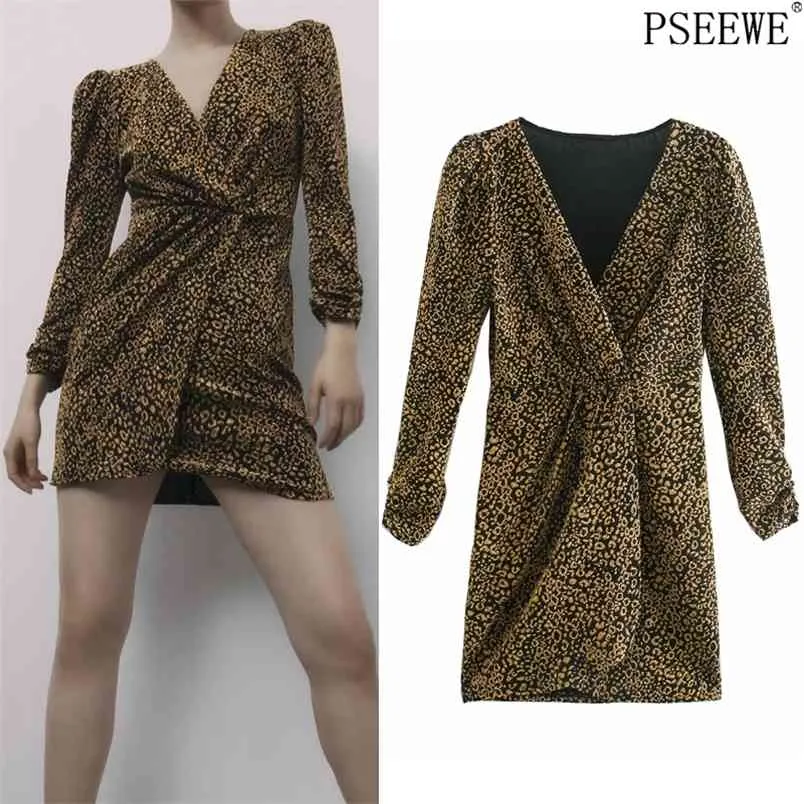 Mini abito da sera leopardato stampato oro Donna Inverno Elegante avvolgente manica lunga Donna Vintage Sexy es 210519