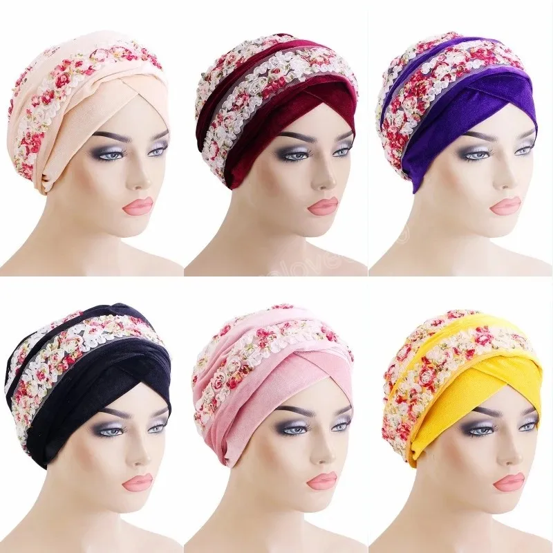 Elegant muslimsk kvinnlig sammet spets floral hijab hattar mössor mode afrika kvinnor turban cap bröllopsfest huvudbonett