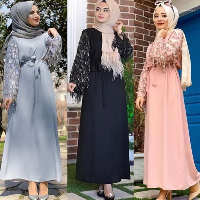 Odzież Etniczna Cekina Tassel Elegancka Abaya Dubaj Muzułmańska Hidżab Dress Abayas Dla Kobiet Bliski Wschód Kaftan Islamska Turecka Dress1