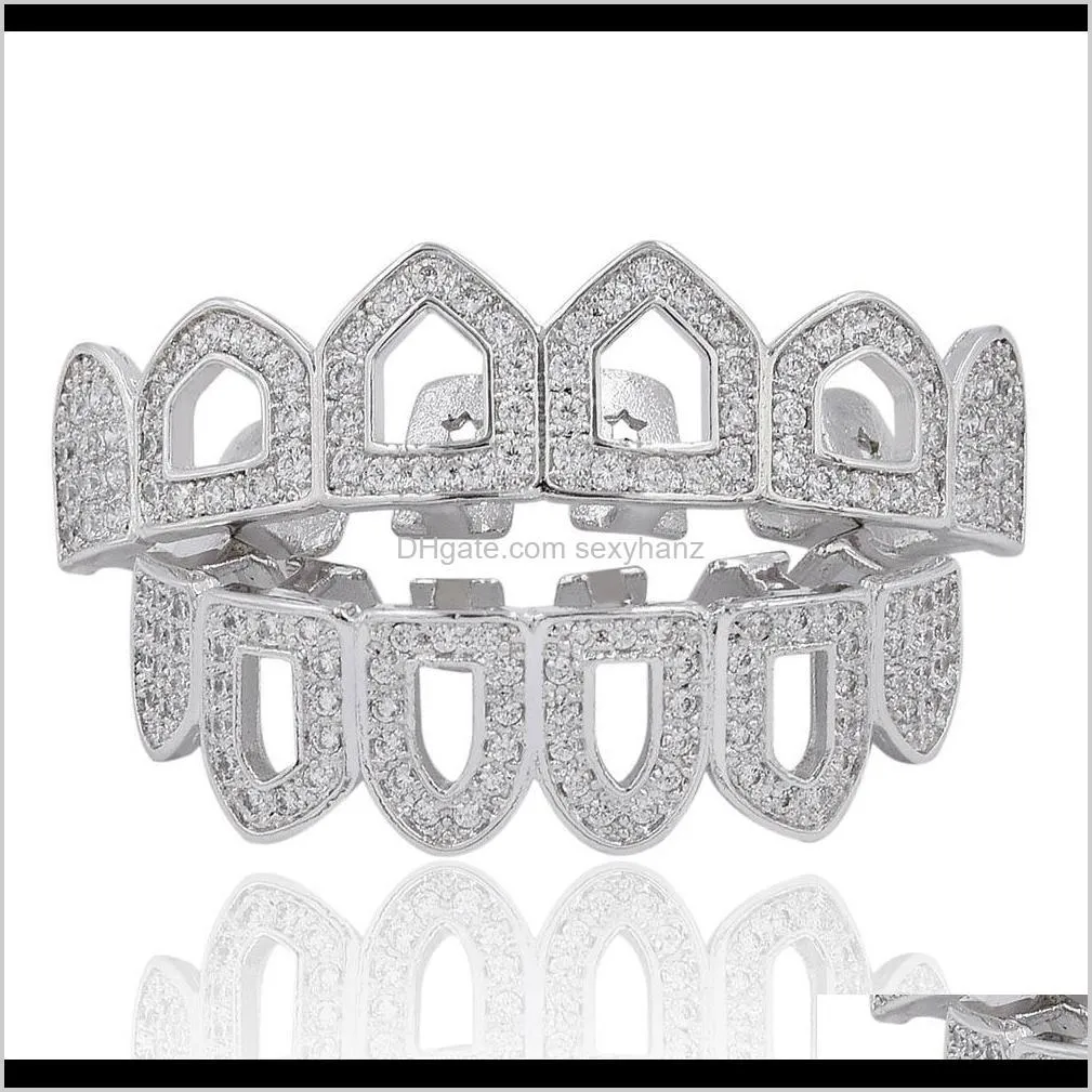 iced out grillz micro pave cz pure gold color plated top & bottom six 6 open face iced-out hip hop grills hollow teeth set
