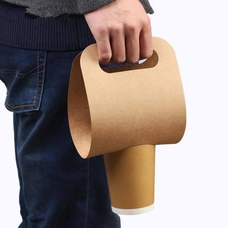 Disposable Kraft Paper Cup Base Holder with Handle Eco Friendly Coffee Milk Tea Cups Tray Takeaway Drink Packaging SN2520