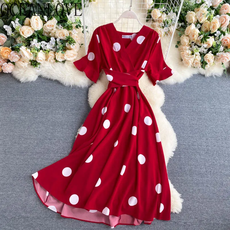Francuski Vintage Długa Dress Dot Holiday Flare Rękaw Szyfonowy Vestidos A-Line V Neck Kobiety Sukienki Eleganckie szaty 17142 210415