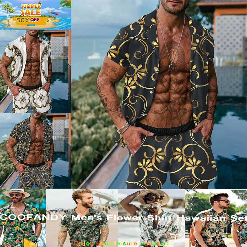 Homens Hawaiian Impressão Camisa Sets 2021 Verão Manga Curta Botão Camisa Beach Shorts Streetwear Mens Casuais Terno Duas Peças X0702