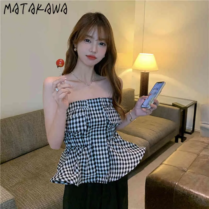 Matakawa Tube Top Women One-Shoulder Blusa Mujer 짧은 나비 여름 블라우스 외부 착용 섹시한 숙녀 셔츠 격자 무늬 랩 톱 210513