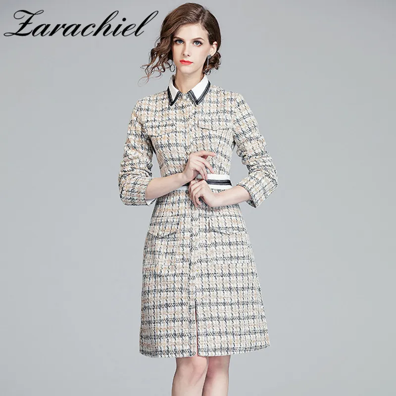 Elegant Houndstooth Pattern Tweed Women Vintage Wool Plaid Female Long Sleeve Woolen Office Lady Dress Vestidos 210416