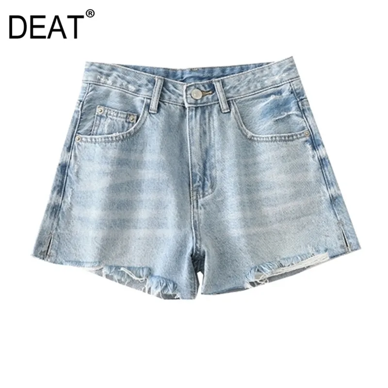 [DEAT] Sommer Mode Kurze Hosen Hohe Taille Einfarbig Loch Split Gabel Persönlichkeit Frauen Denim Shorts 13C941 210527