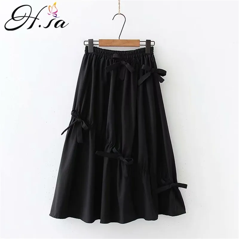 H.sa Womens Summer Ropa Mujer Bohemia High Bow Tie Elastic Waist Long Skirt Woman Skirts Black White Jupes 210417
