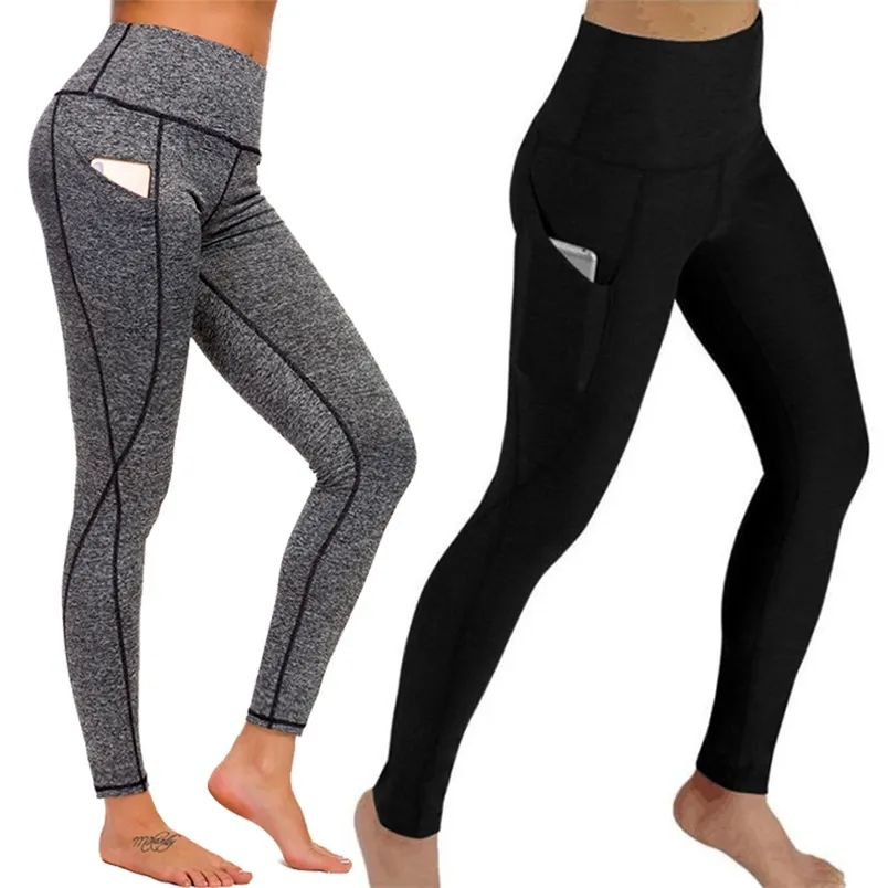 Mulheres Alta Elasticidade Ginásio Ginásio Leggings Respirável Quick Seco Pockets Cintura Push Up Fitness Plus Size 210604