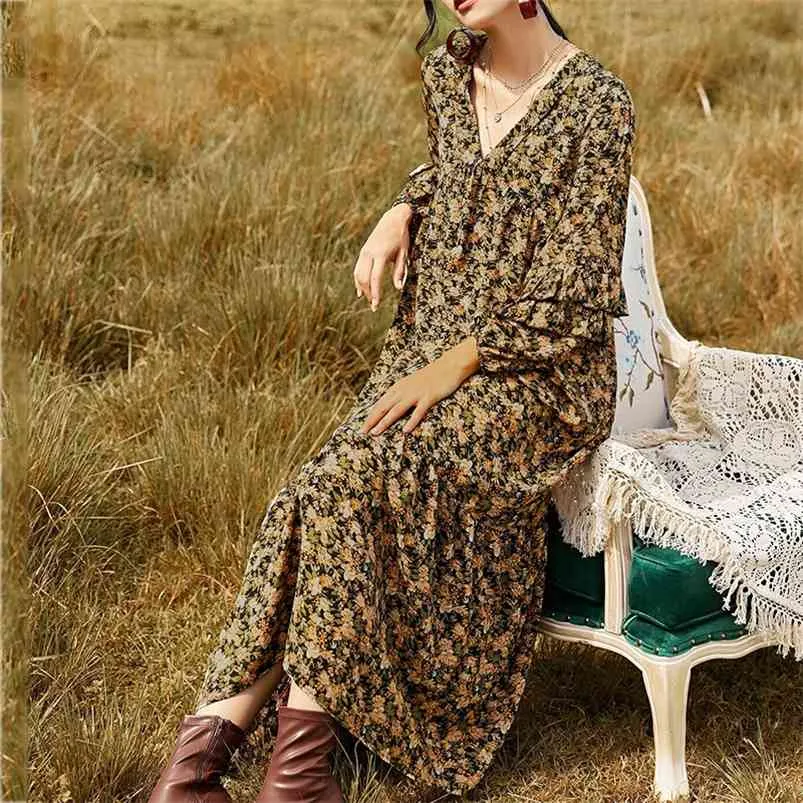 Floral Print Boho Long Maxi Dress Femmes V Neck Ruffle Vintage Casual Basic Winter es Loose 210427