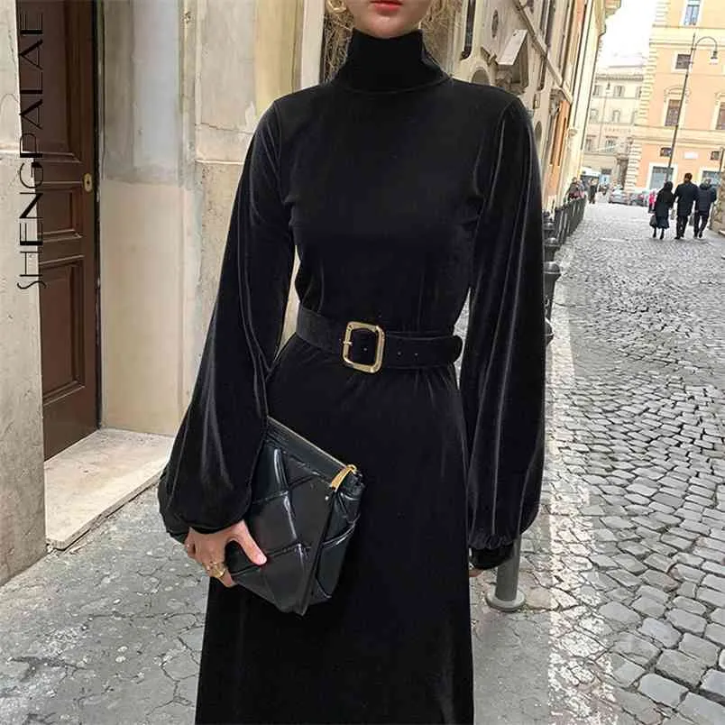 ベルベットのドレス女性の春のタートルネックフランスのエレガントなスリムフィット長袖の黒いドレスベルト5a1242 210427