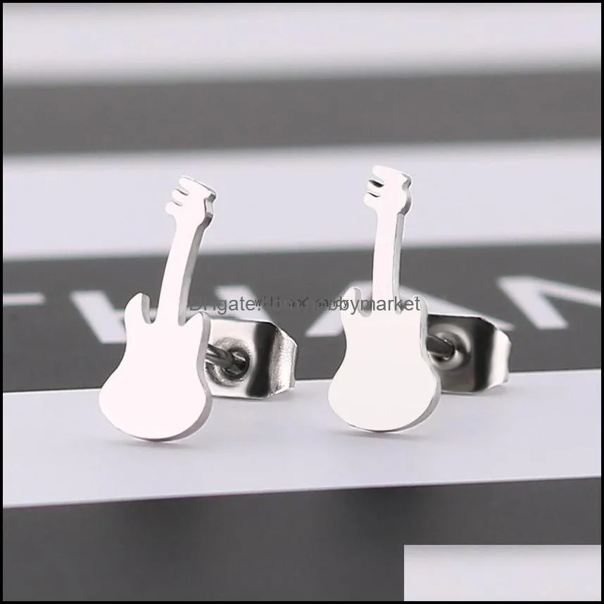 Gold Black Musical Instruments Guita Earrings Stainless Steel Hiphop Geometry Earrings Stud for Women Men Fashion Jewelry Will and