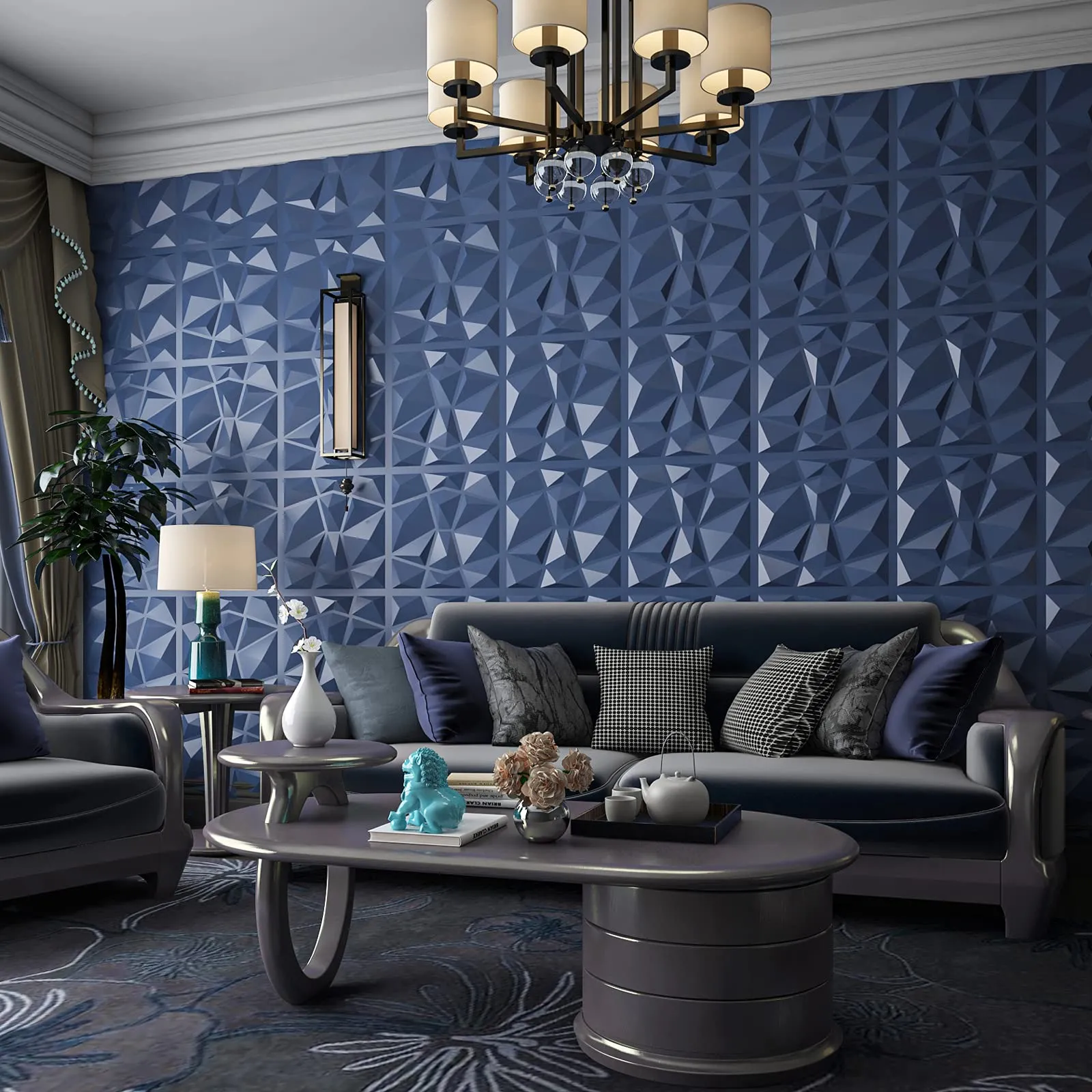 Art3d 50x50 cm 3D Plastik Duvar Panelleri Ses Geçirmez Donanma Mavi Elmas Tasarım Oturma Odası Yatak Odası TV Arkaplan (12 Fayans 32 SQ FT)