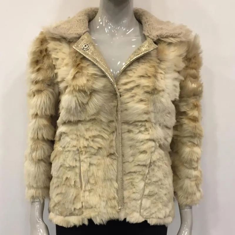 Kvinnors Fur Faux Real Sheepskin Guld Vinterrockar Mode Elegant Ytterkläder Naturlig Får Skärning Tjock Dubbelsidig Oversize