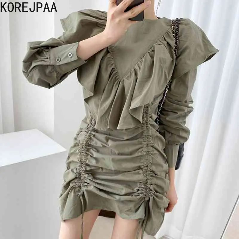 Korejpaaの女性のドレス夏の韓国のシックな女の子のレトロなラウンドネックフリ巾着プリーツ腰のデザイン包まれた腰vestidos 210526