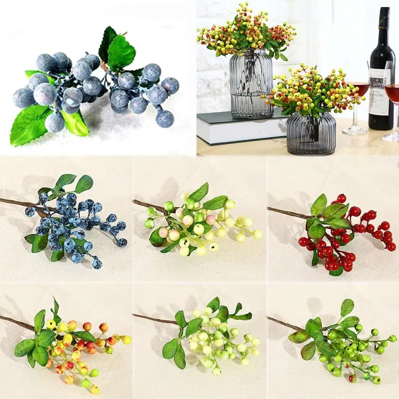 Couronnes de fleurs décoratives, 2 pièces, Arrangement de fausses baies artificielles en spray pour plantes domestiques, matériel de décoration murale à myrtilles