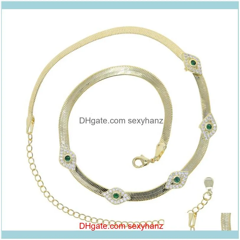 Necklaces & Pendants Jewelryunique 5Mm Snake Herring Bone Chain Green Evil Eye Necklace Gold Sier Color Iced Out Bling Cz Eyes Charm Women C