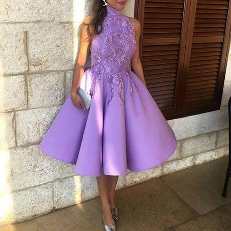 Light Purple High Neck Homecoming Dresses 2022 Sleeveless Lace Satin Tea-Length Short Party Prom Gown Appliques Custom Mdae