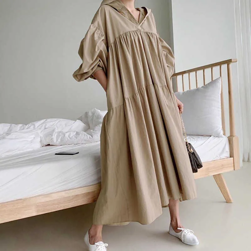 Kadın Bahar Yaz Elbise Boy Kapüşonlu Yüksek Bel Kore Zarif Vintage Pileli 3 Renk Uzun Elbise DR2226 210527