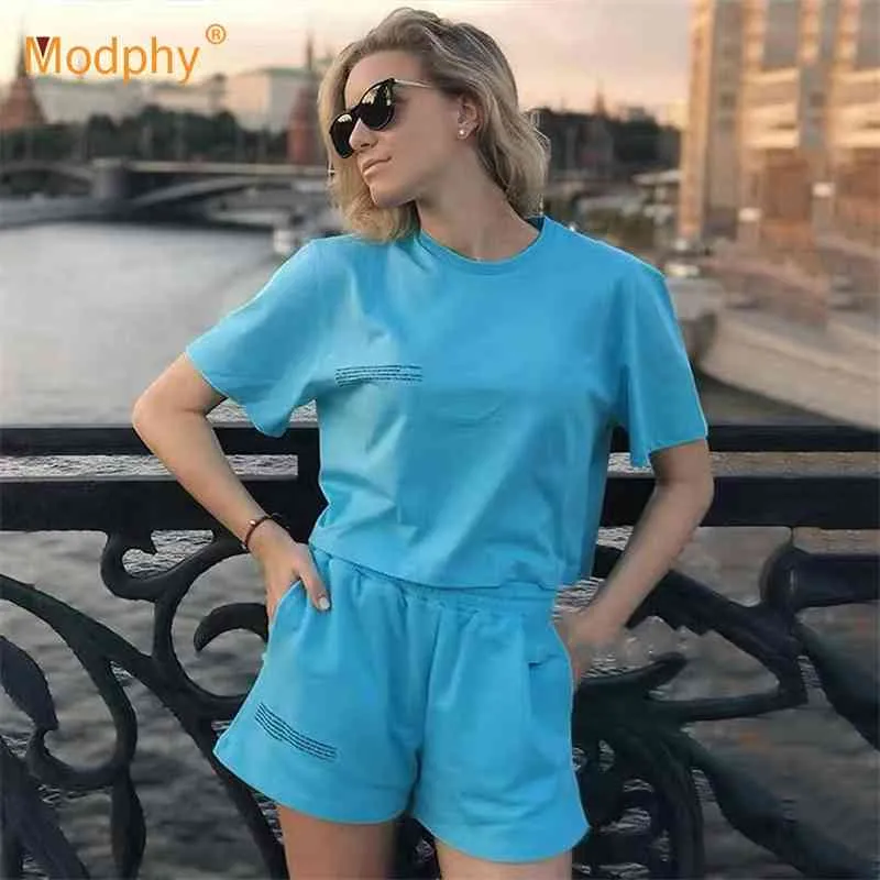 Brev Skriv ut Kvinnor 2 Piece Set Short-Sleeved T-shirt SweatShorts Loos Casual Tracksuit Loungewear Summer Kvinna 210527