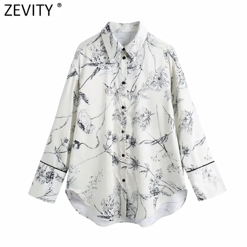 Women Fashion Ink Flower Print Casual Loose Smock Blouse Office Lady Turn Down Collar Shirts Chic Blusas Tops LS7618 210416