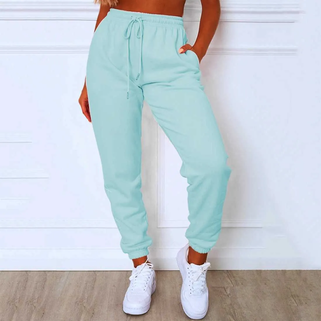 2021 Solido Alto Cintura Joggers Pantalones Mujeres Moda Casual Harem Pantalones 2020 Nuevos Pantalones De Chandal Con Cordones Q0801 De 12 12 DHgate
