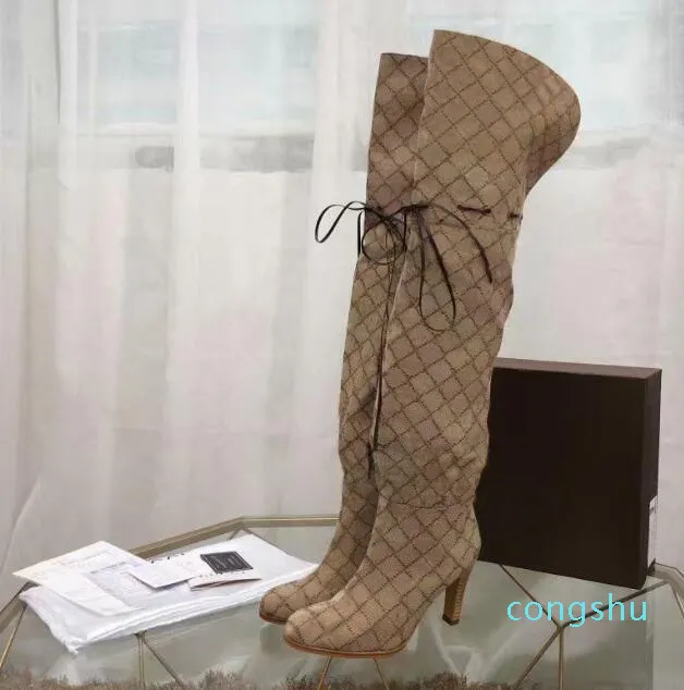 Bayanlar Kış Seksi Moda Tuval Uzun Boylu Diz Çizmeleri Kadın Klasik Koyun Ayakkabı Topuk Book Med Topuklu Hediye Ayakkabı Ile Kutusu 11