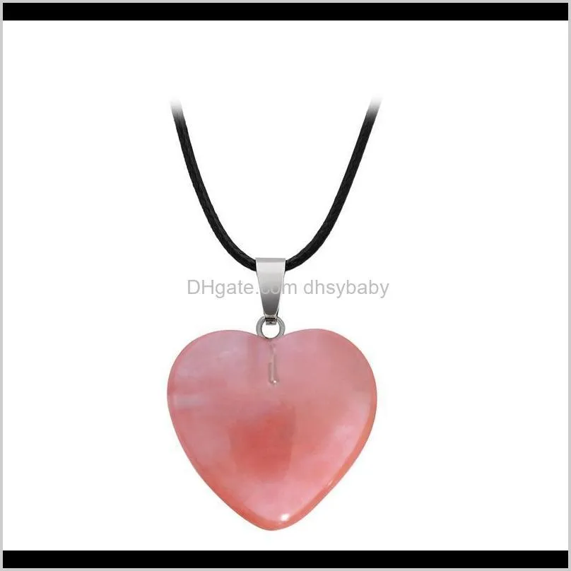 natural stone gemstone pendant necklace with pu leather chain heart shape crystal quartz turquoise charm necklace jewelry for women men