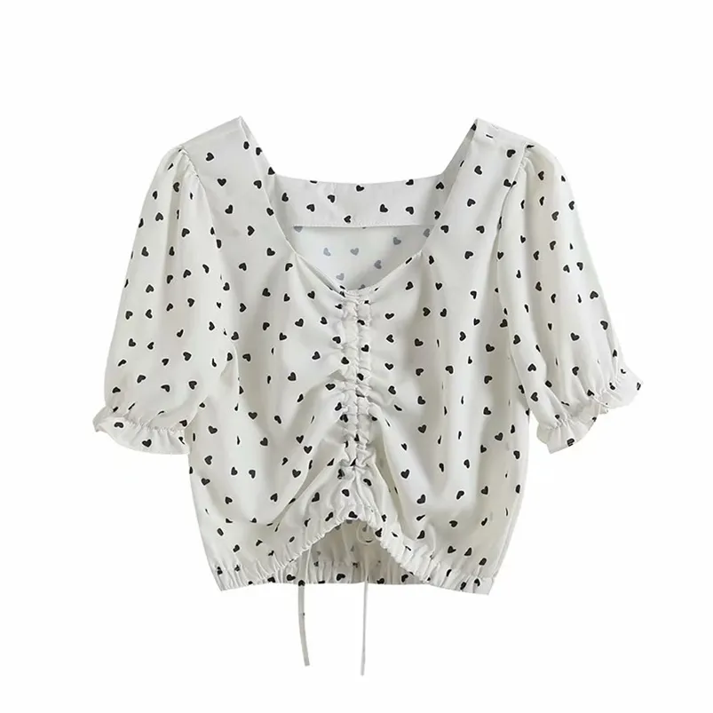 Kvinnor sommar prickar kort blusar Toppar Za Sleeve Drawstring Bow Tie Kvinna Fashion Street Sweet Top Blusas 210513