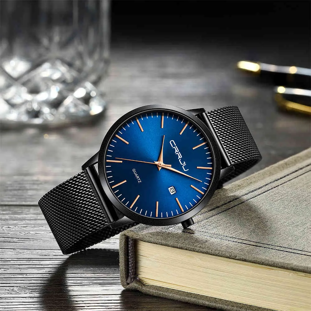 Men Slim Watches CRRJU Fashion Casual Date Waterproof Mesh Strap