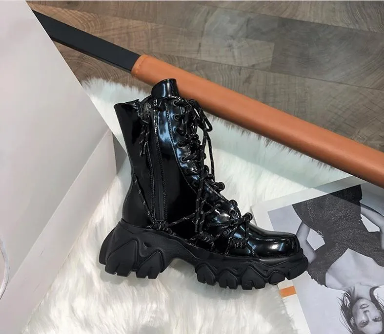 Boots Black Punk Style Platform Women Ankle 2021 Fashion Cross Strap Chunky Heels Woman Waterproof Pu Leather Shoes