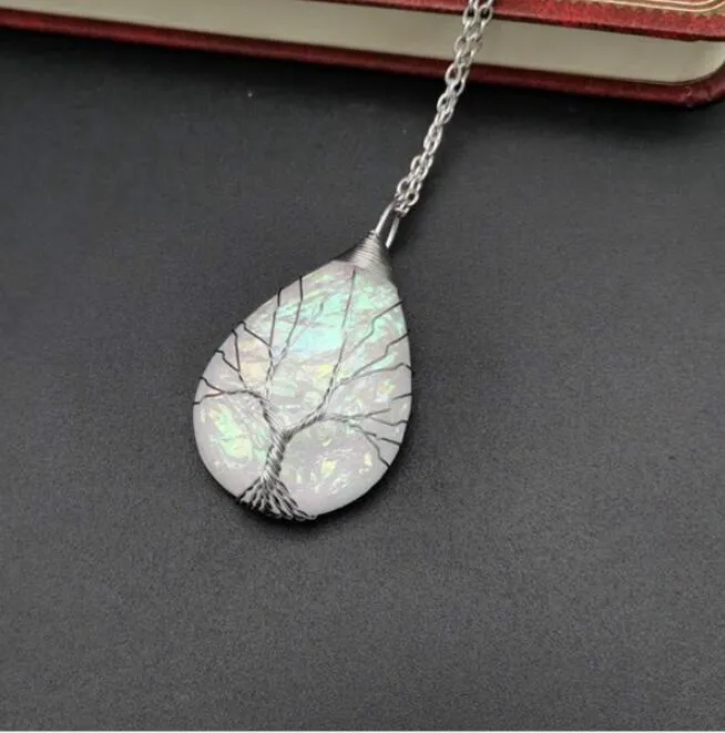 Necklace Energy Stone Water Drop Shape Necklace Life Tree Change Color Corrugated Necklace Copper Wire Winding Girl Ornaments WMQ612