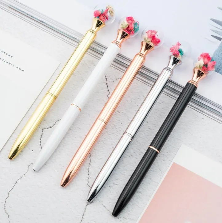 Säljer Rotary Pen Luxury Torkad Flower Gradient Kawaii Skriva Office Supplies School Novelty Stationery