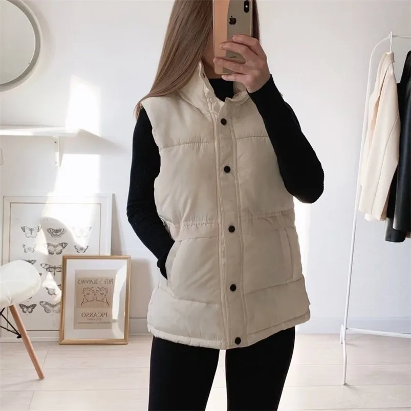 Autumn Winter Women's Solid Loose Vest Drawstring Stand Collar Long Jacket Cotton Padded Windproof Warm Waistcoat 210909
