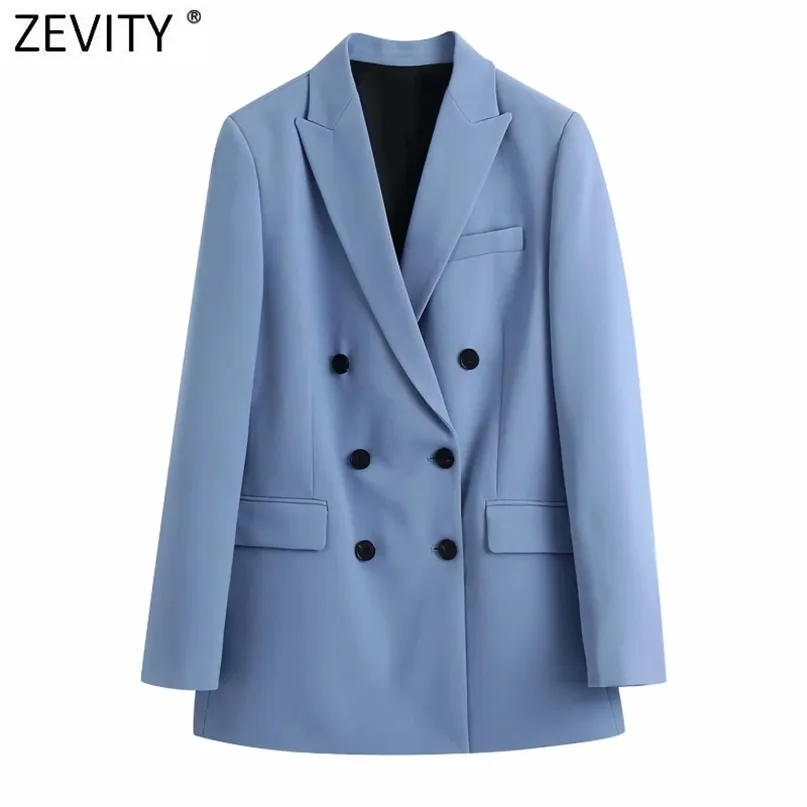 Zevity Women Fashion Double Breasted Casual Blazer Płaszcz Panie Biurowe Kieszenie Stylowe Outwear Suit Chic Business Tops CT661 211019