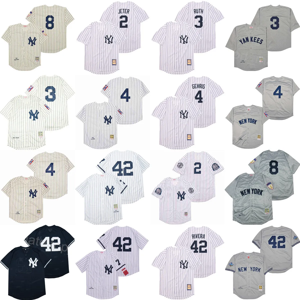 Retro 1995 1998 Vintage Baseball 42 Mariano Rivera Jersey 8 Yogi Berra 23 Don Mattingly 3 Babe Ruth 4 Lou Gehrig 2 Derek Jeter Stitched Cool Base Gå i pension 1929 1939 1951