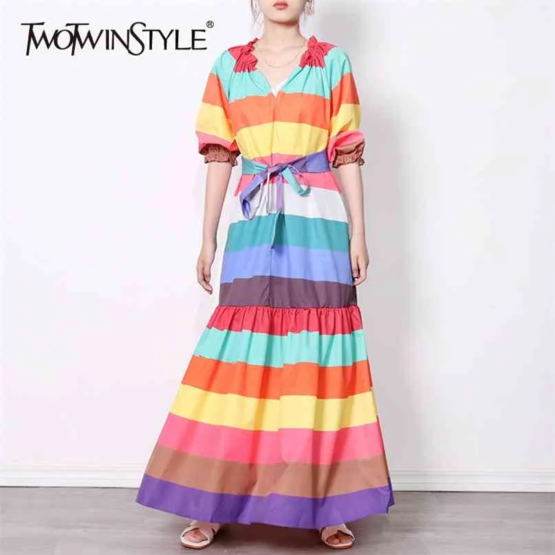 Vestido elegante a rayas para mujer, cuello en V, manga larga, fajas de cintura alta, vestidos de trompeta de Color, moda femenina 210520