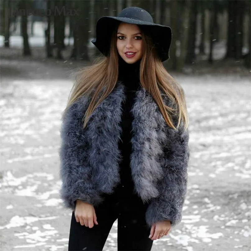 Femmes véritables manteaux de plumes d'autruche hiver mode vestes de fourrure naturelle moelleux plume de dinde dame S1002 211018