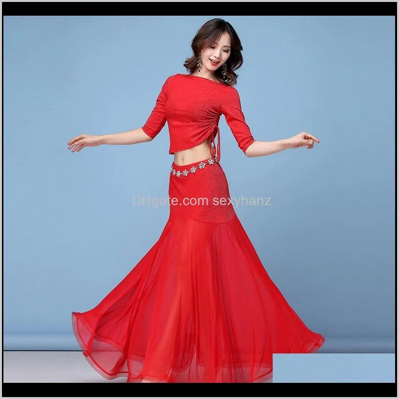 new fashion women belly dance clothing stretchy shinny fabric off shoulder ruffles maxi long skirts bellydance costume set 2pcs cpda#