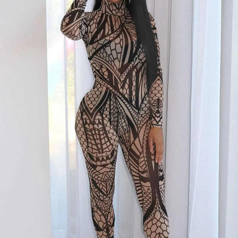 Women's Jumpsuits & Rompers Women Sexy Mesh Sheer Bodycon Long Sleeve Geometric Printed Casual One Piece 2021 Club Clothing