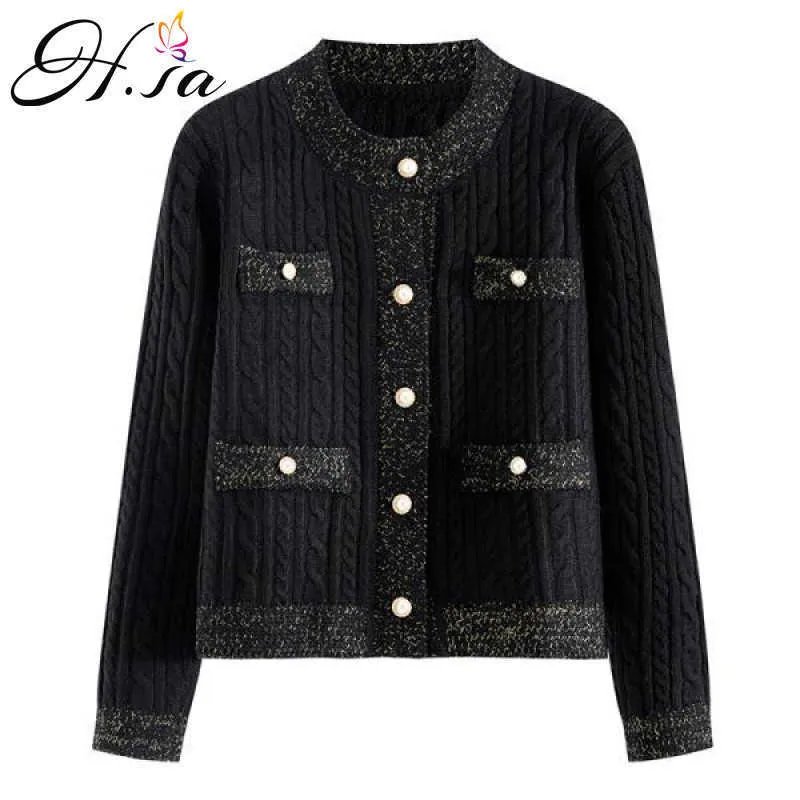 H.SA Suiner Mujer Elegante Vrouwelijke Trui en Vesten Button Up Pearl Kralen Zwart Wit Formeel Knit Jacket Jersey Mujer 210716