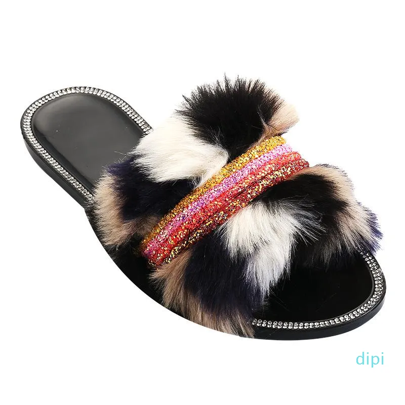 Tofflor 2021 Sommar Sexig fuskpäls Strass Kvinnor Luriga Fluffiga Sandaler Hus Flats Skor Kvinna Casual Flip Flops Slides